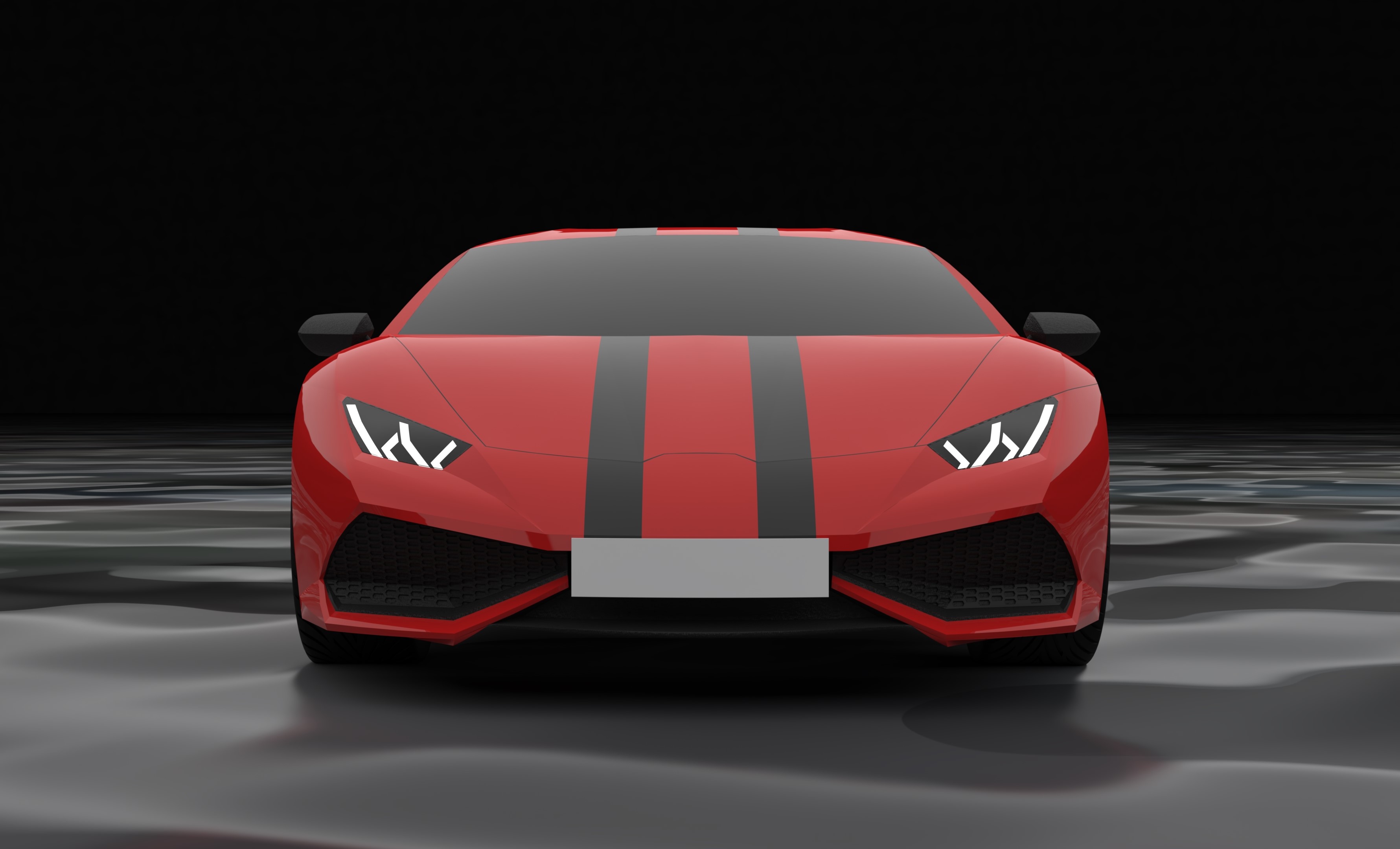 Head-on studio render of the red Huracán with black racing stripes on a reflective floor